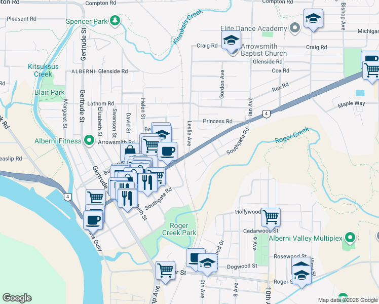 map of restaurants, bars, coffee shops, grocery stores, and more near 4713 Leslie Avenue in Port Alberni