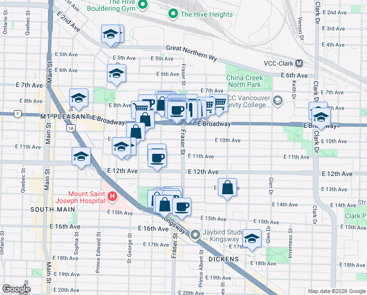 map of restaurants, bars, coffee shops, grocery stores, and more near Fraser Street in Vancouver