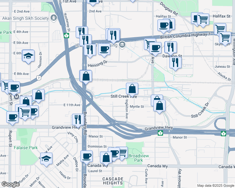 map of restaurants, bars, coffee shops, grocery stores, and more near 3809 Still Creek Avenue in Burnaby