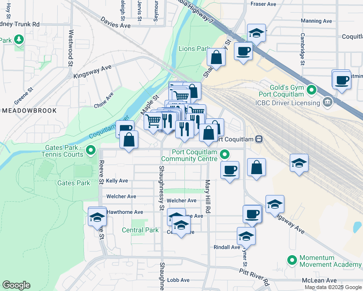 map of restaurants, bars, coffee shops, grocery stores, and more near 2525 Donald Street in Port Coquitlam