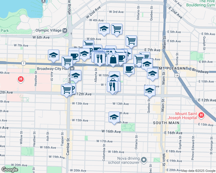 map of restaurants, bars, coffee shops, grocery stores, and more near 174 West 11th Avenue in Vancouver