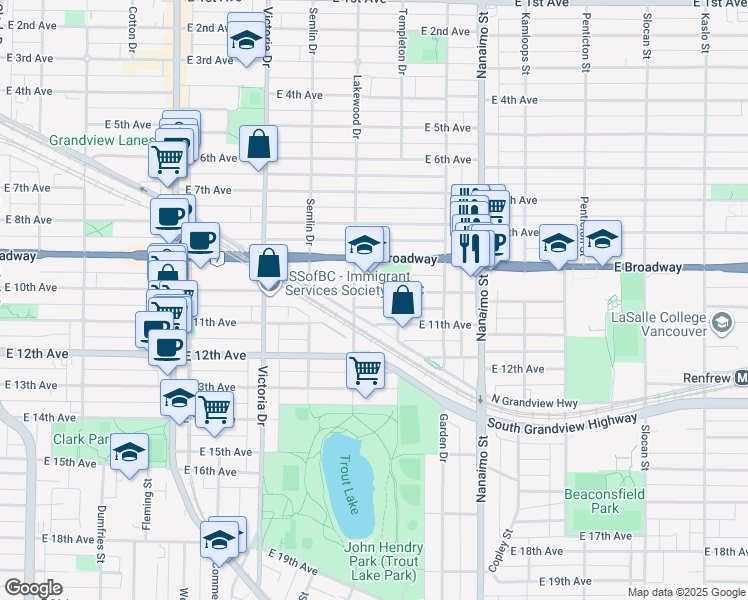 map of restaurants, bars, coffee shops, grocery stores, and more near 2134 East 10th Avenue in Vancouver