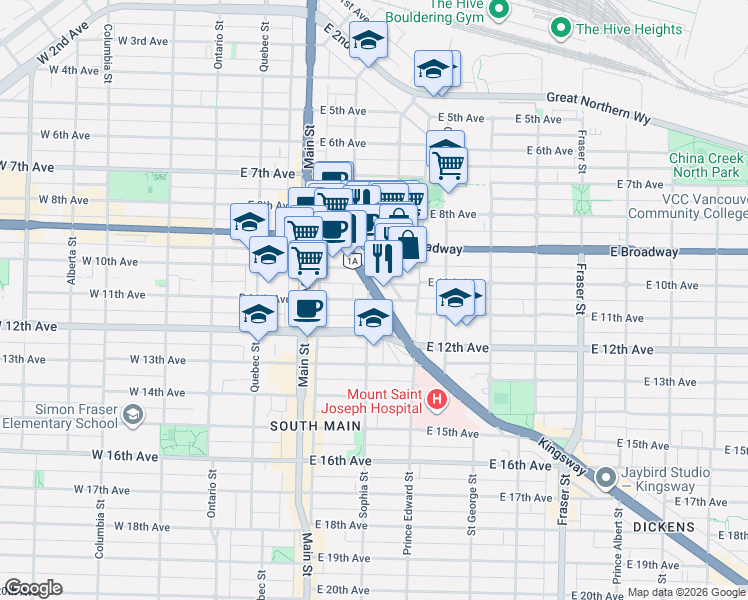 map of restaurants, bars, coffee shops, grocery stores, and more near 313 East 11th Avenue in Vancouver