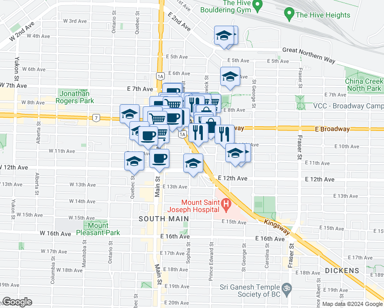 map of restaurants, bars, coffee shops, grocery stores, and more near 307 East 11th Avenue in Vancouver