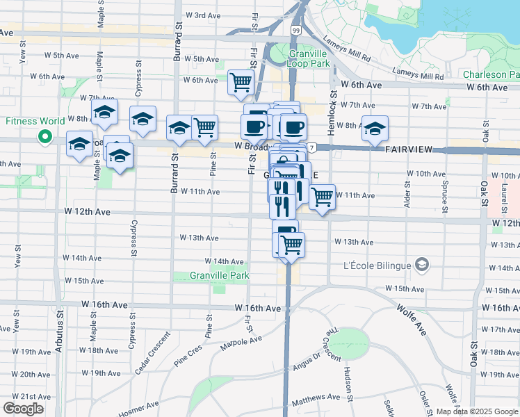 map of restaurants, bars, coffee shops, grocery stores, and more near in Vancouver