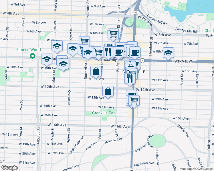 map of restaurants, bars, coffee shops, grocery stores, and more near in Vancouver