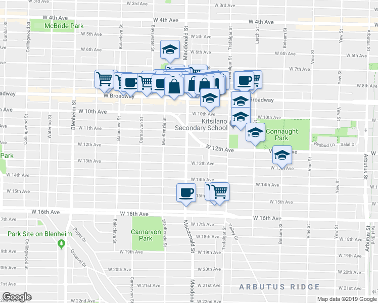 map of restaurants, bars, coffee shops, grocery stores, and more near 2790 West 12th Avenue in Vancouver