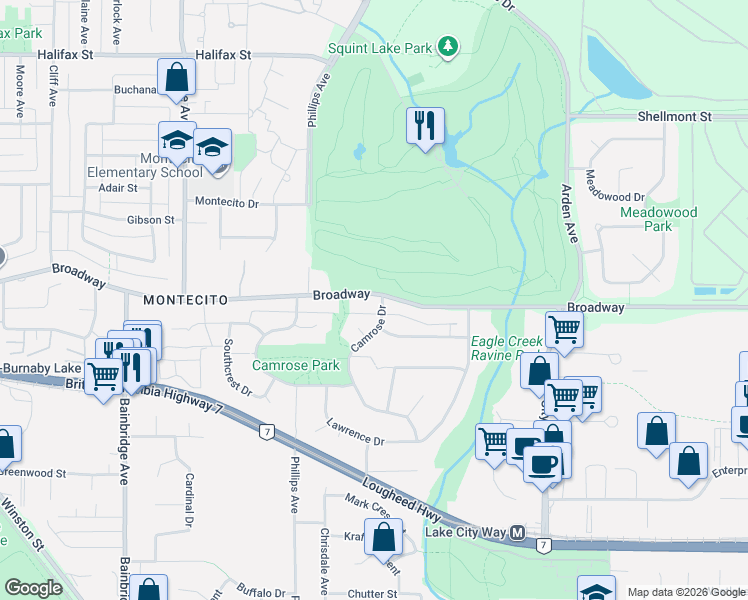 map of restaurants, bars, coffee shops, grocery stores, and more near 7492 Broadway in Burnaby