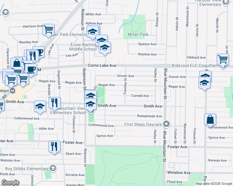 map of restaurants, bars, coffee shops, grocery stores, and more near 817 Cornell Avenue in Coquitlam