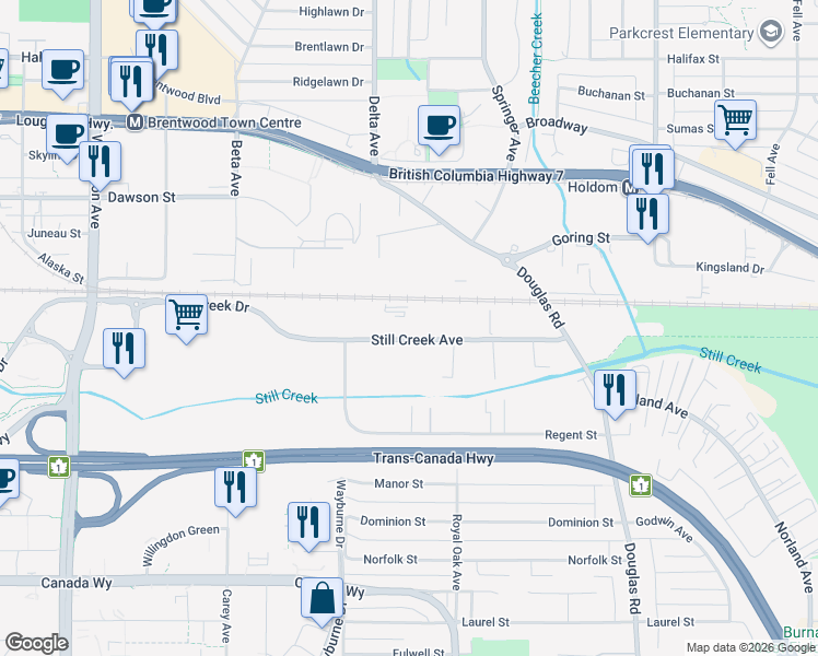 map of restaurants, bars, coffee shops, grocery stores, and more near 5027 Still Creek Avenue in Burnaby