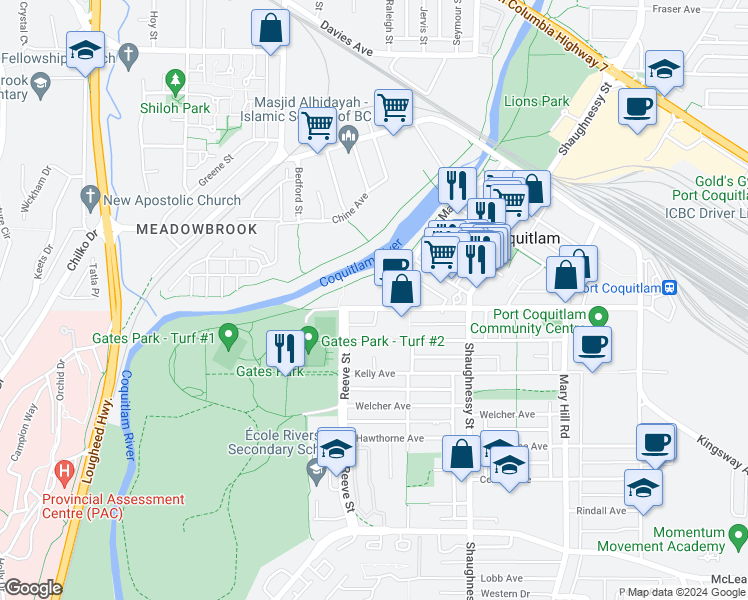 map of restaurants, bars, coffee shops, grocery stores, and more near 2465 Wilson Avenue in Port Coquitlam