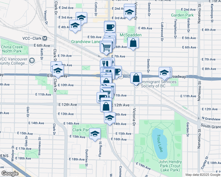 map of restaurants, bars, coffee shops, grocery stores, and more near 2540 Commercial Drive in Vancouver