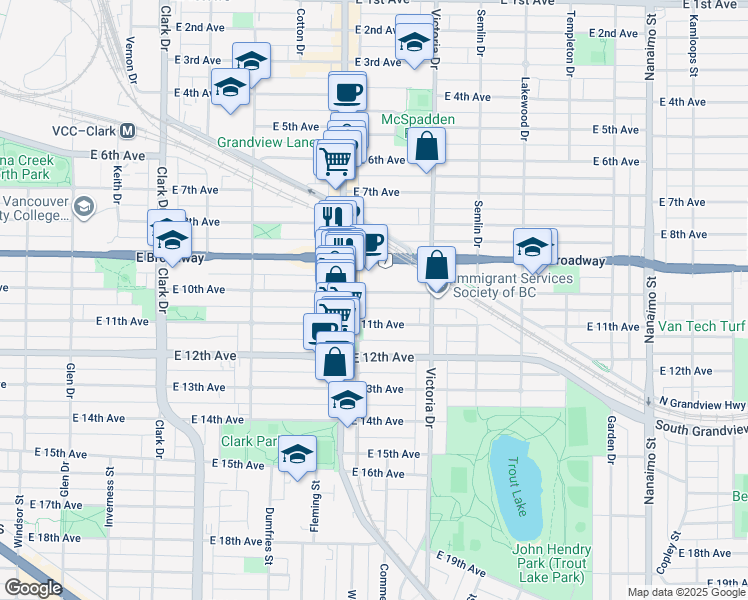 map of restaurants, bars, coffee shops, grocery stores, and more near 2540 Commercial Drive in Vancouver