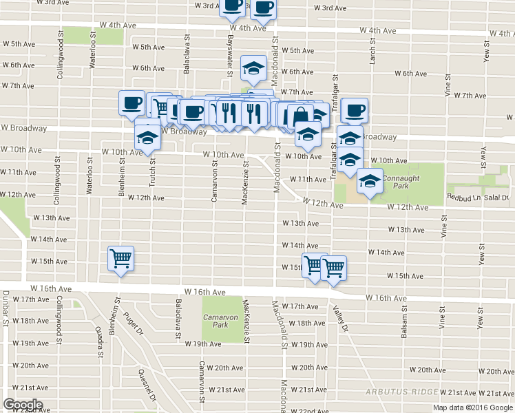 map of restaurants, bars, coffee shops, grocery stores, and more near 2858 West 12th Avenue in Vancouver