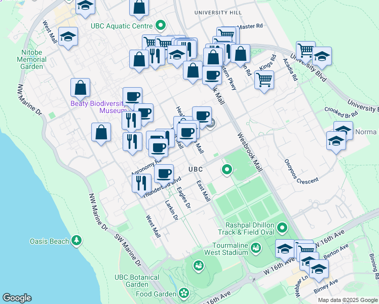 map of restaurants, bars, coffee shops, grocery stores, and more near 6190 Agronomy Road in Vancouver