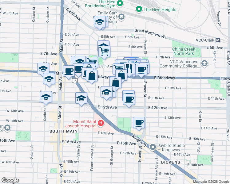 map of restaurants, bars, coffee shops, grocery stores, and more near 2621 Saint George Street in Vancouver