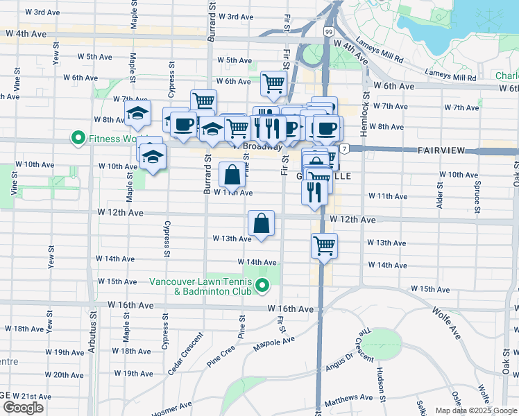 map of restaurants, bars, coffee shops, grocery stores, and more near 1663 West 12th Avenue in Vancouver