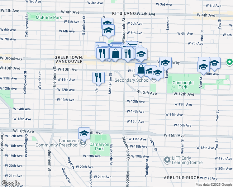 map of restaurants, bars, coffee shops, grocery stores, and more near 2846 West 12th Avenue in Vancouver