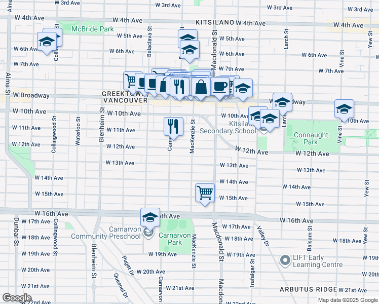 map of restaurants, bars, coffee shops, grocery stores, and more near 2906 West 12th Avenue in Vancouver