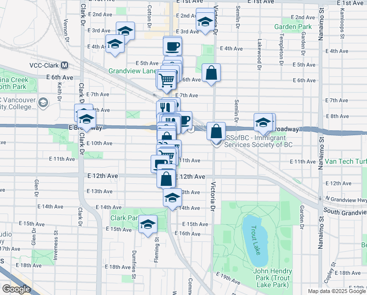 map of restaurants, bars, coffee shops, grocery stores, and more near 2540 Commercial Drive in Vancouver