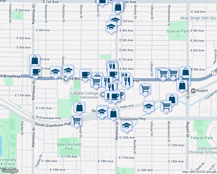 map of restaurants, bars, coffee shops, grocery stores, and more near 2869 East 10th Avenue in Vancouver