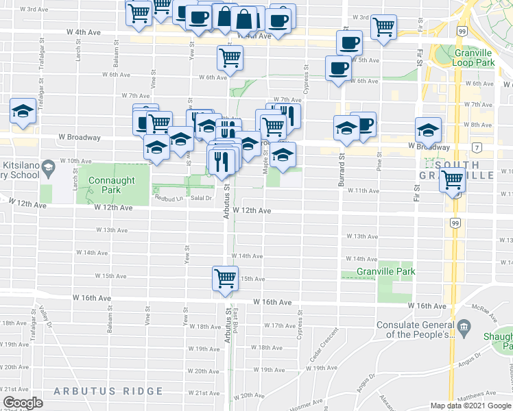 map of restaurants, bars, coffee shops, grocery stores, and more near in Vancouver