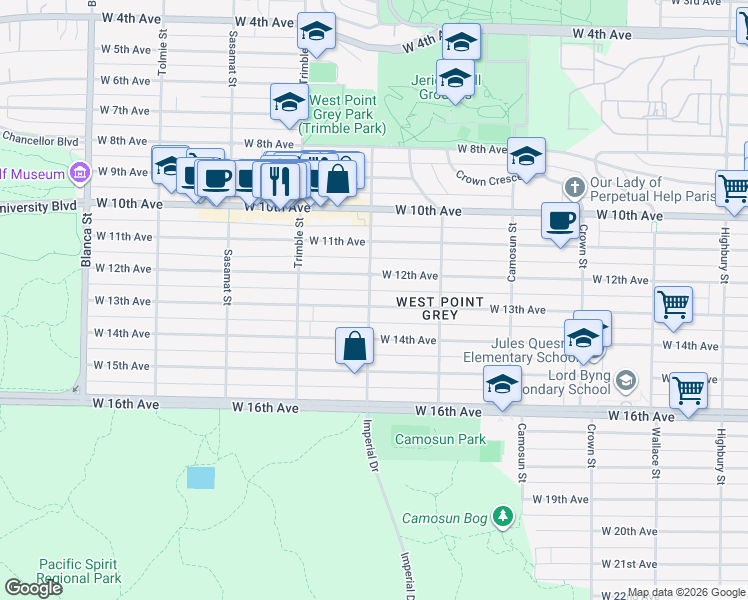 map of restaurants, bars, coffee shops, grocery stores, and more near in Vancouver