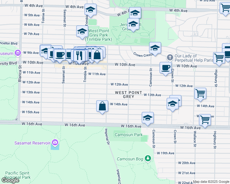 map of restaurants, bars, coffee shops, grocery stores, and more near 4261 West 13th Avenue in Vancouver