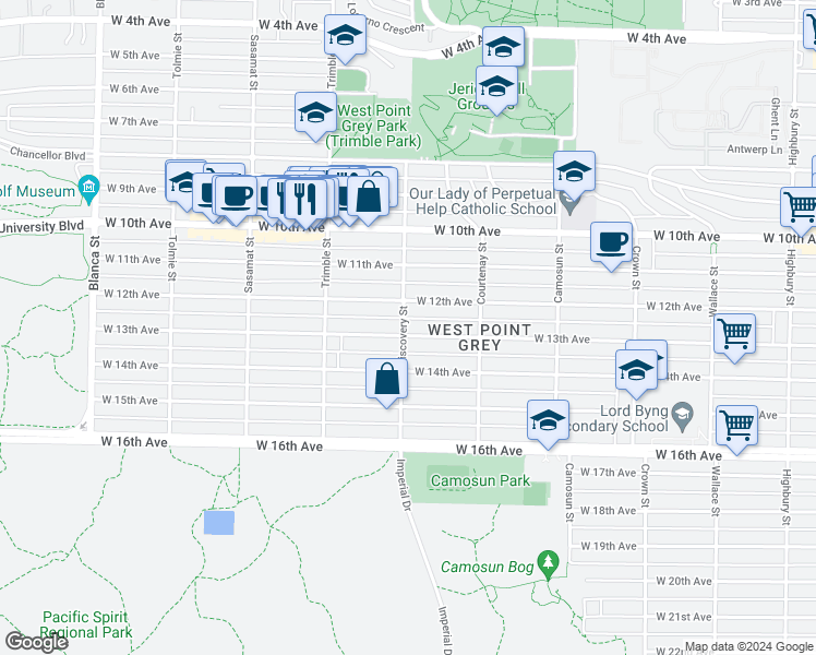 map of restaurants, bars, coffee shops, grocery stores, and more near 4293 West 13th Avenue in Vancouver