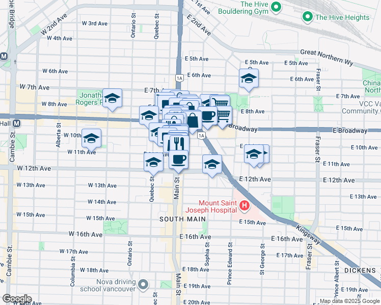 map of restaurants, bars, coffee shops, grocery stores, and more near 229 East 11th Avenue in Vancouver