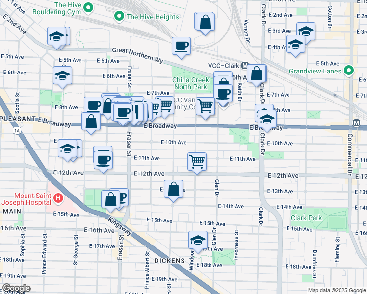 map of restaurants, bars, coffee shops, grocery stores, and more near in Vancouver
