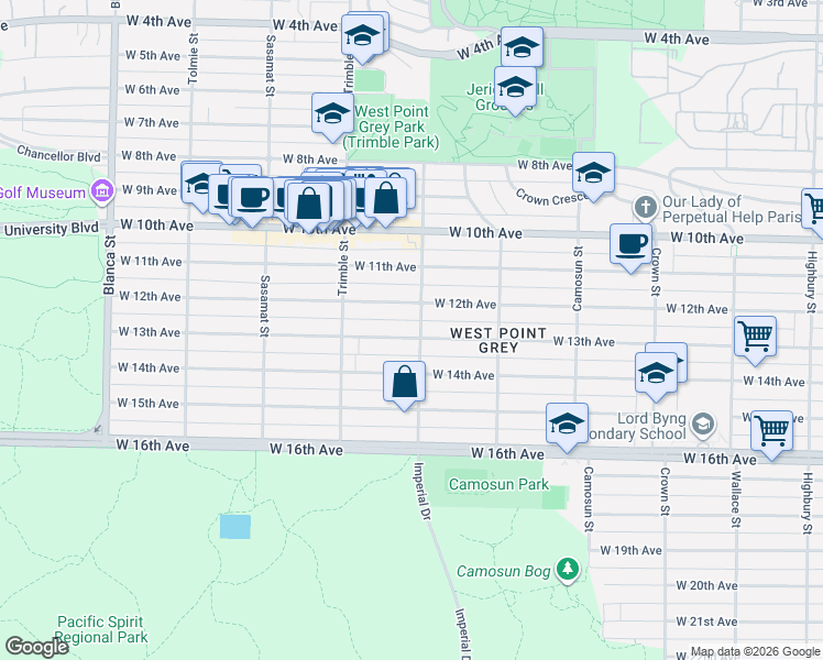 map of restaurants, bars, coffee shops, grocery stores, and more near in Vancouver