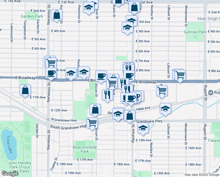 map of restaurants, bars, coffee shops, grocery stores, and more near in Vancouver