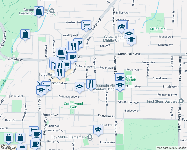 map of restaurants, bars, coffee shops, grocery stores, and more near 720 Dogwood Street in Coquitlam