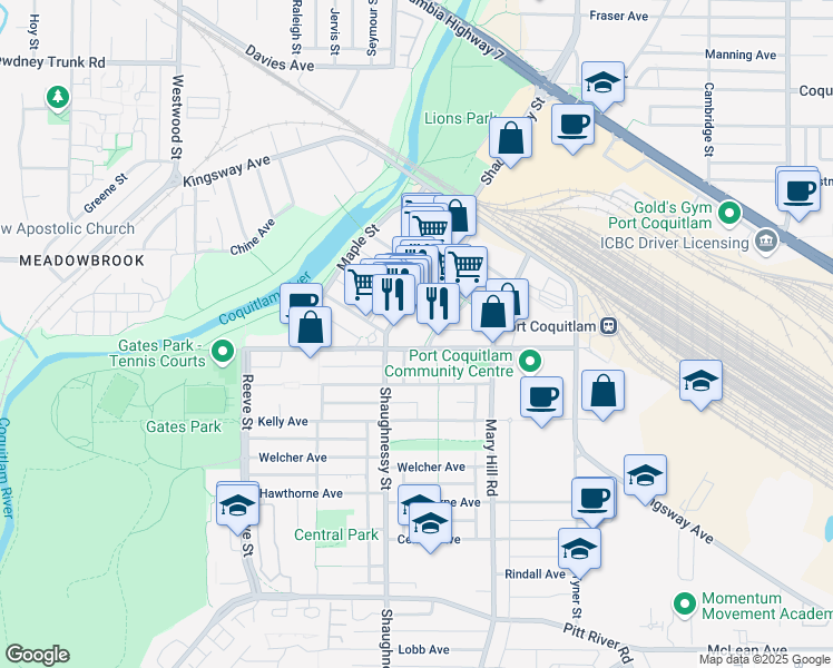 map of restaurants, bars, coffee shops, grocery stores, and more near in Port Coquitlam