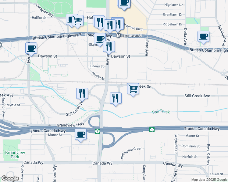map of restaurants, bars, coffee shops, grocery stores, and more near 2586 Willingdon Avenue in Burnaby