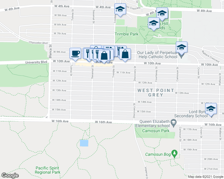 map of restaurants, bars, coffee shops, grocery stores, and more near 2875 Trimble Street in Vancouver