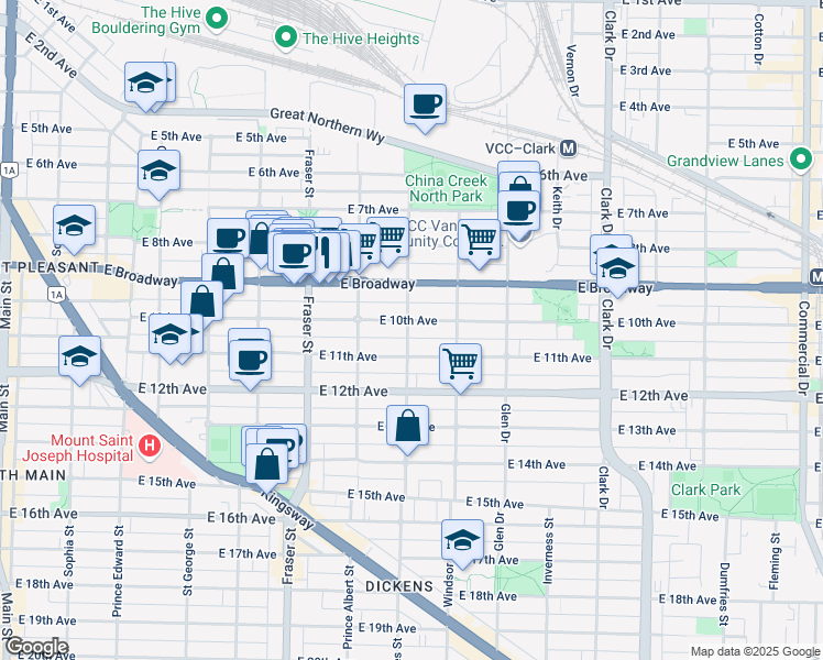 map of restaurants, bars, coffee shops, grocery stores, and more near 2608 Saint Catherines Street in Vancouver