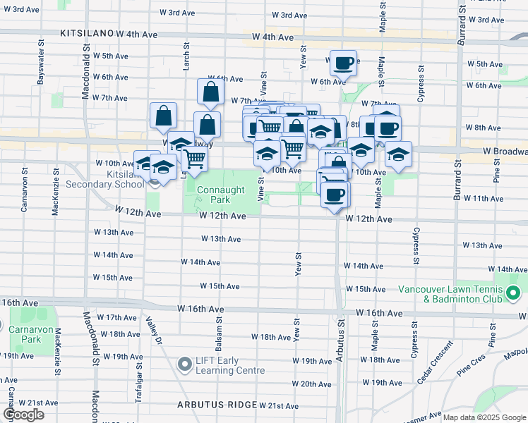 map of restaurants, bars, coffee shops, grocery stores, and more near 2788 Vine Street in Vancouver
