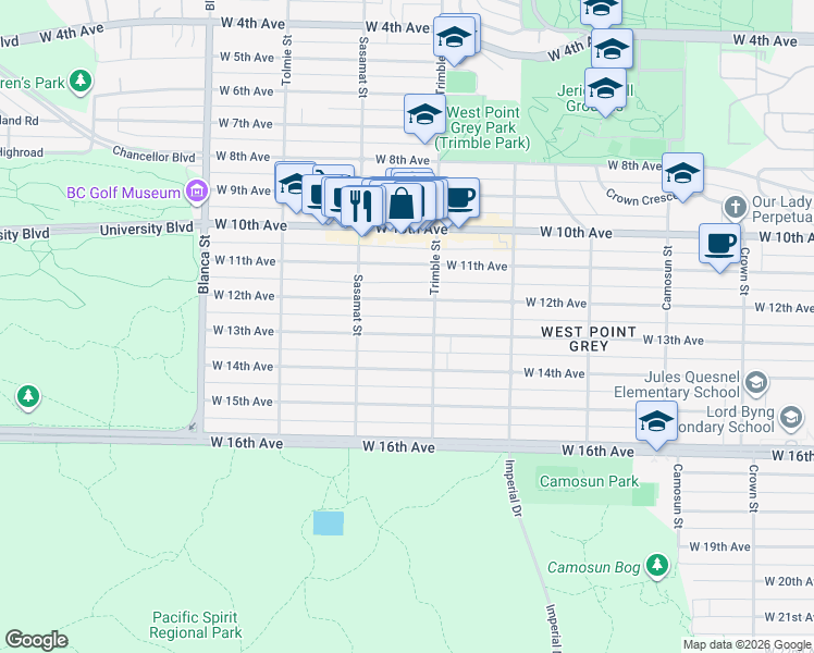 map of restaurants, bars, coffee shops, grocery stores, and more near 4437 West 13th Avenue in Vancouver