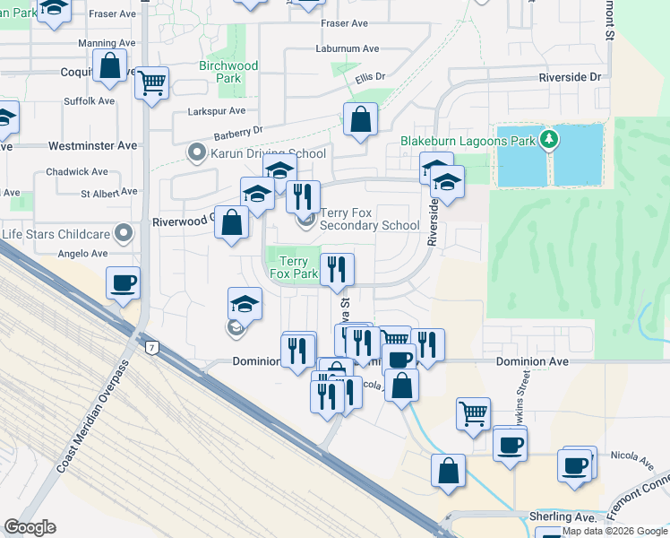 map of restaurants, bars, coffee shops, grocery stores, and more near 1255 Riverside Drive in Port Coquitlam