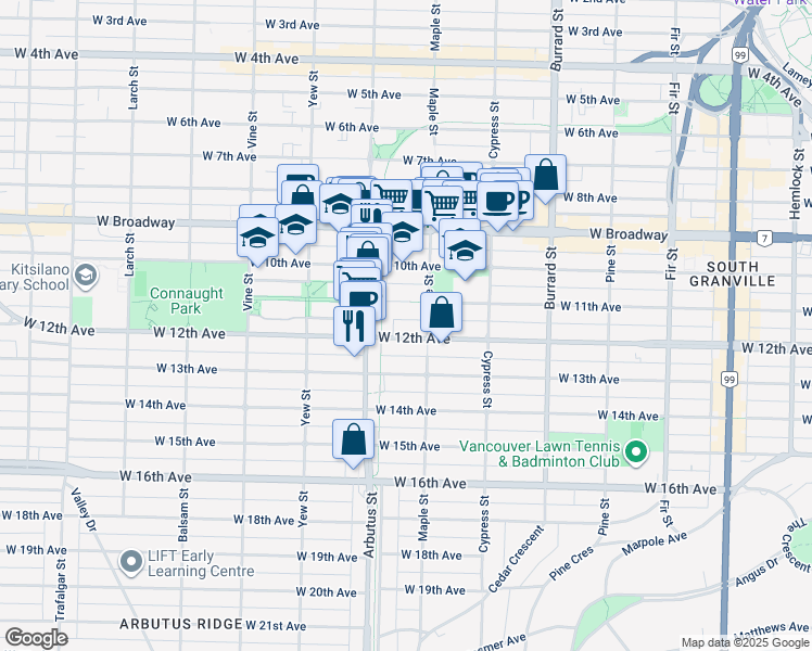 map of restaurants, bars, coffee shops, grocery stores, and more near 2065 West 12th Avenue in Vancouver