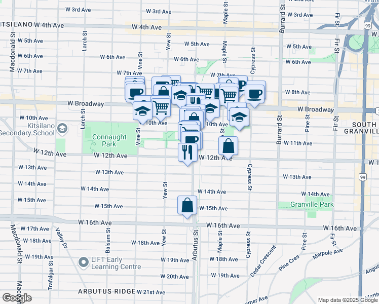map of restaurants, bars, coffee shops, grocery stores, and more near in Vancouver