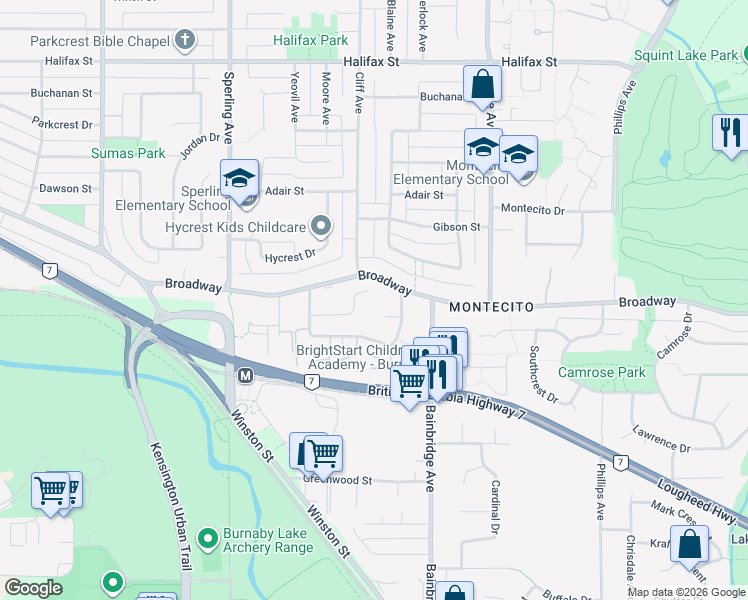 map of restaurants, bars, coffee shops, grocery stores, and more near 7028 Broadway in Burnaby