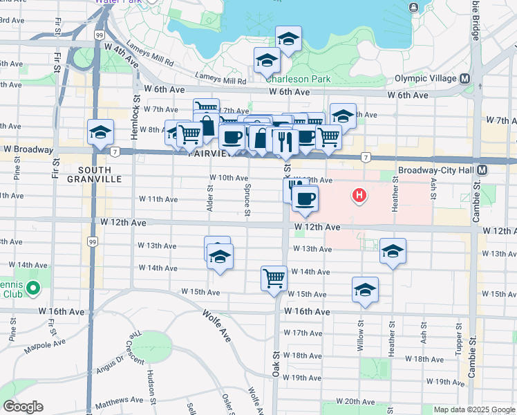 map of restaurants, bars, coffee shops, grocery stores, and more near in Vancouver