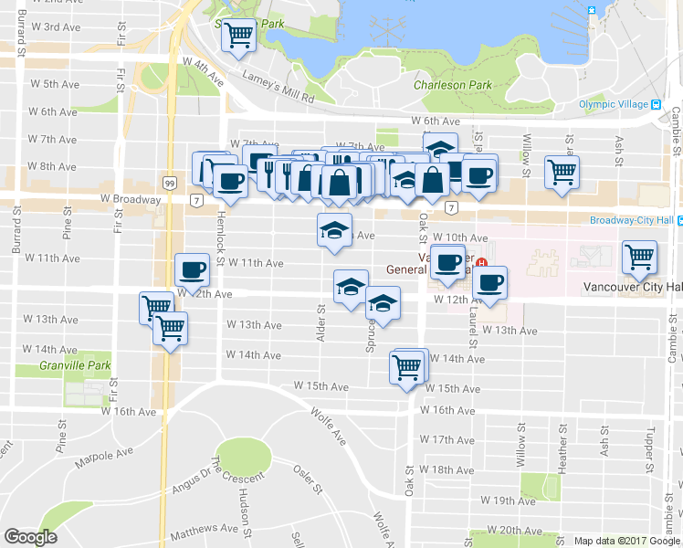 map of restaurants, bars, coffee shops, grocery stores, and more near in Vancouver