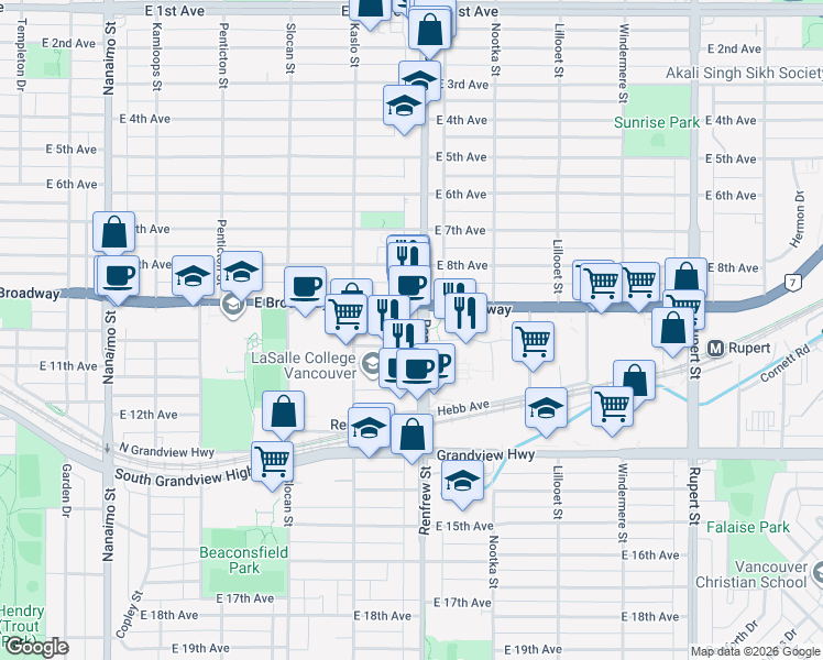 map of restaurants, bars, coffee shops, grocery stores, and more near in Vancouver