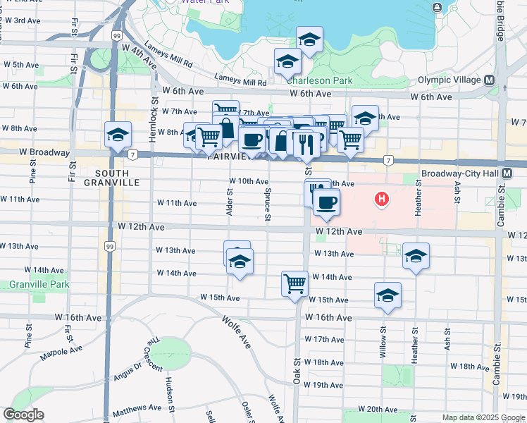 map of restaurants, bars, coffee shops, grocery stores, and more near 1106 West 11th Avenue in Vancouver