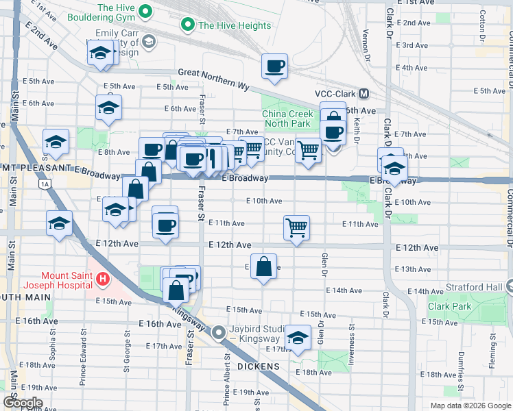 map of restaurants, bars, coffee shops, grocery stores, and more near 866 East 10th Avenue in Vancouver