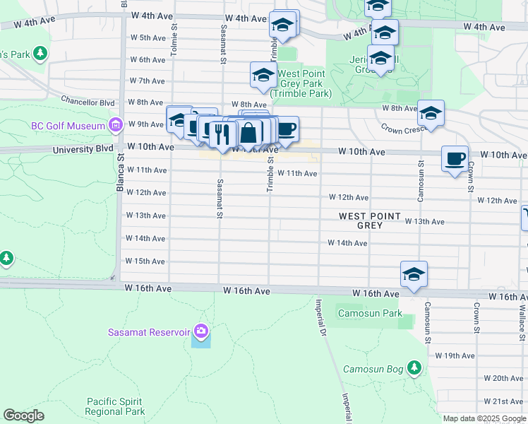 map of restaurants, bars, coffee shops, grocery stores, and more near 4407 West 13th Avenue in Vancouver